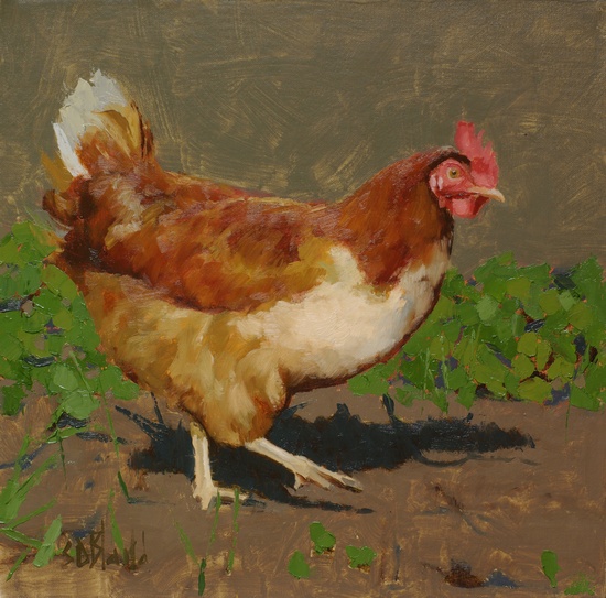 Oil painting of a chicken.